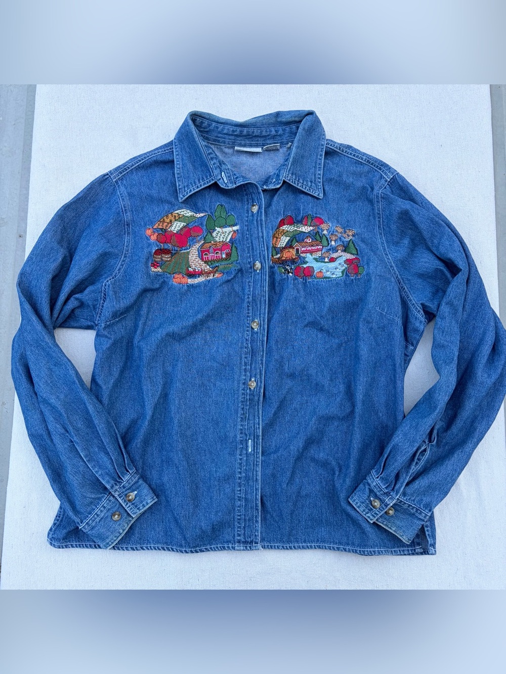 Vintage Cabin Creek Denim Button Up Shirt Embroidered Farm, Fall Cottagecore
